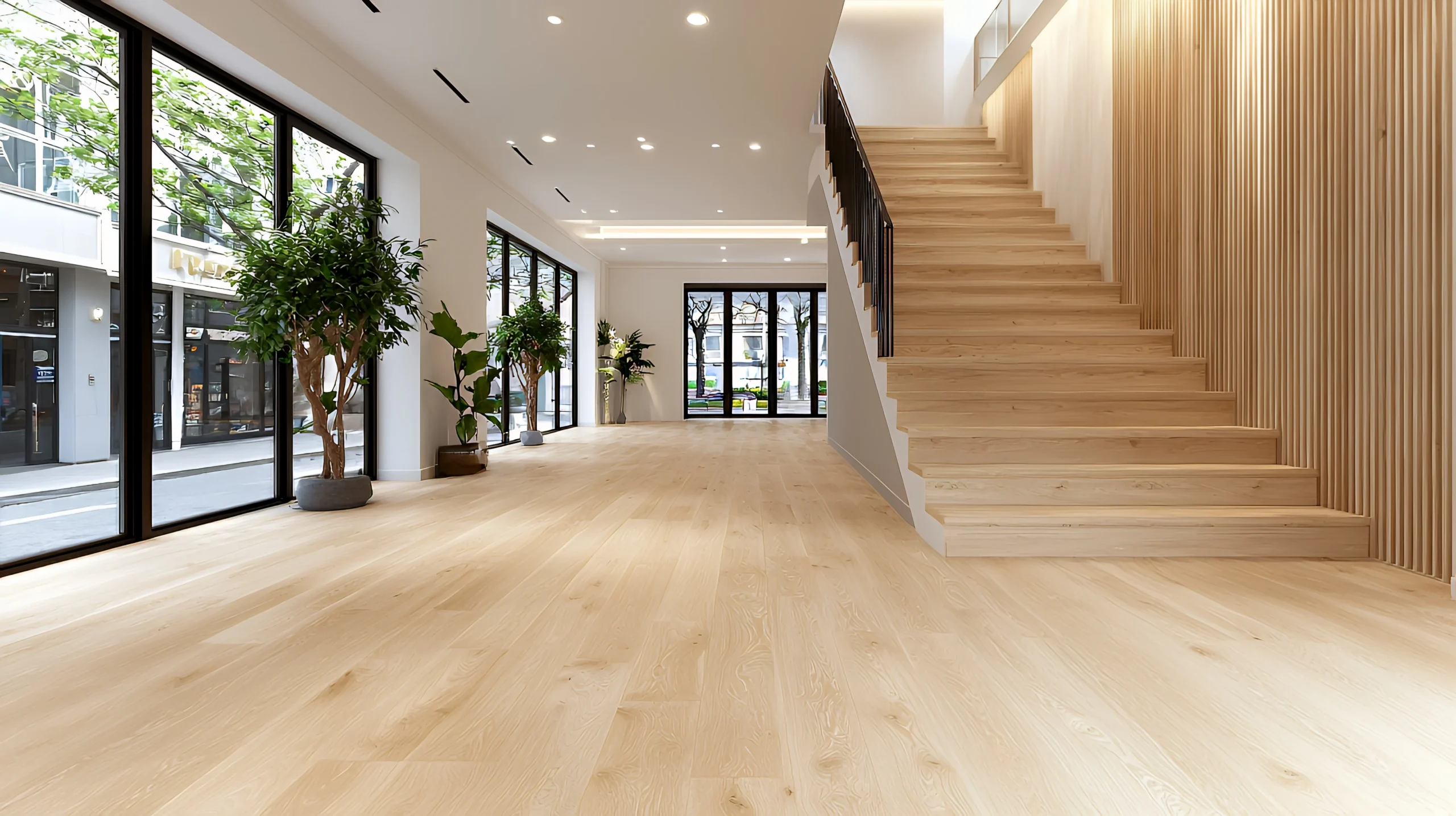 Hochwertiger heller Parkettboden in modernem Wohnraum mit offener Holztreppe