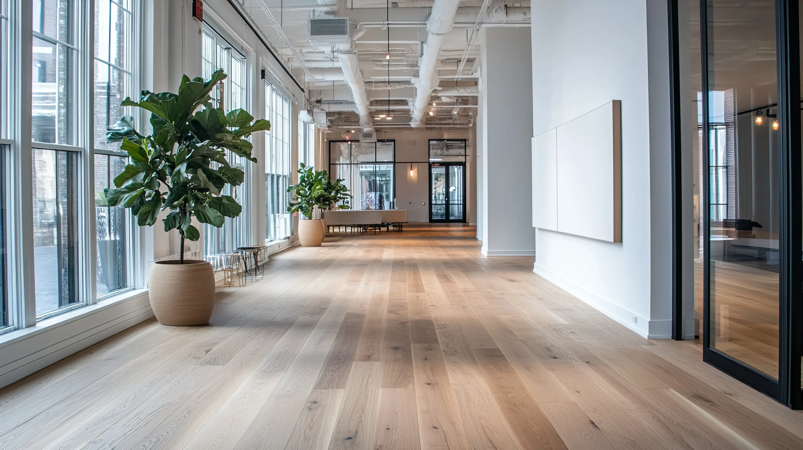 Heller Eichenparkettboden in modernem Loft mit großen Fensterfronten